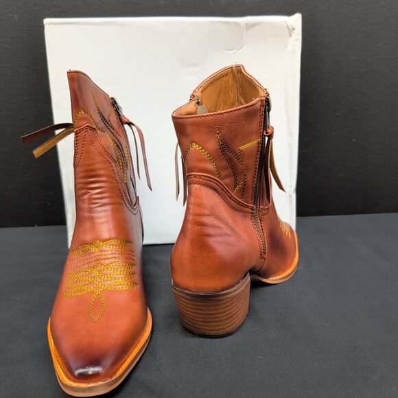 Funny She Jill Embroidered Pointed Toe Zipper Women's Cowboy Boots US 8.5 Brown - Picture 4 of 12